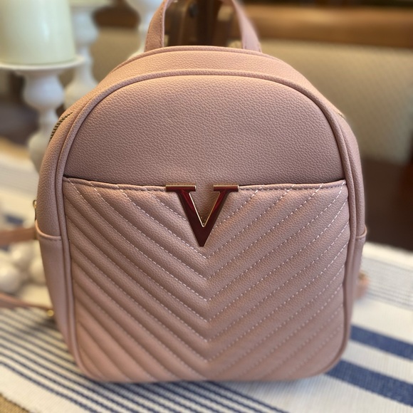 Dusty Pink Faux Leather Small Quilted Backpack NWOT - Picture 2 of 13